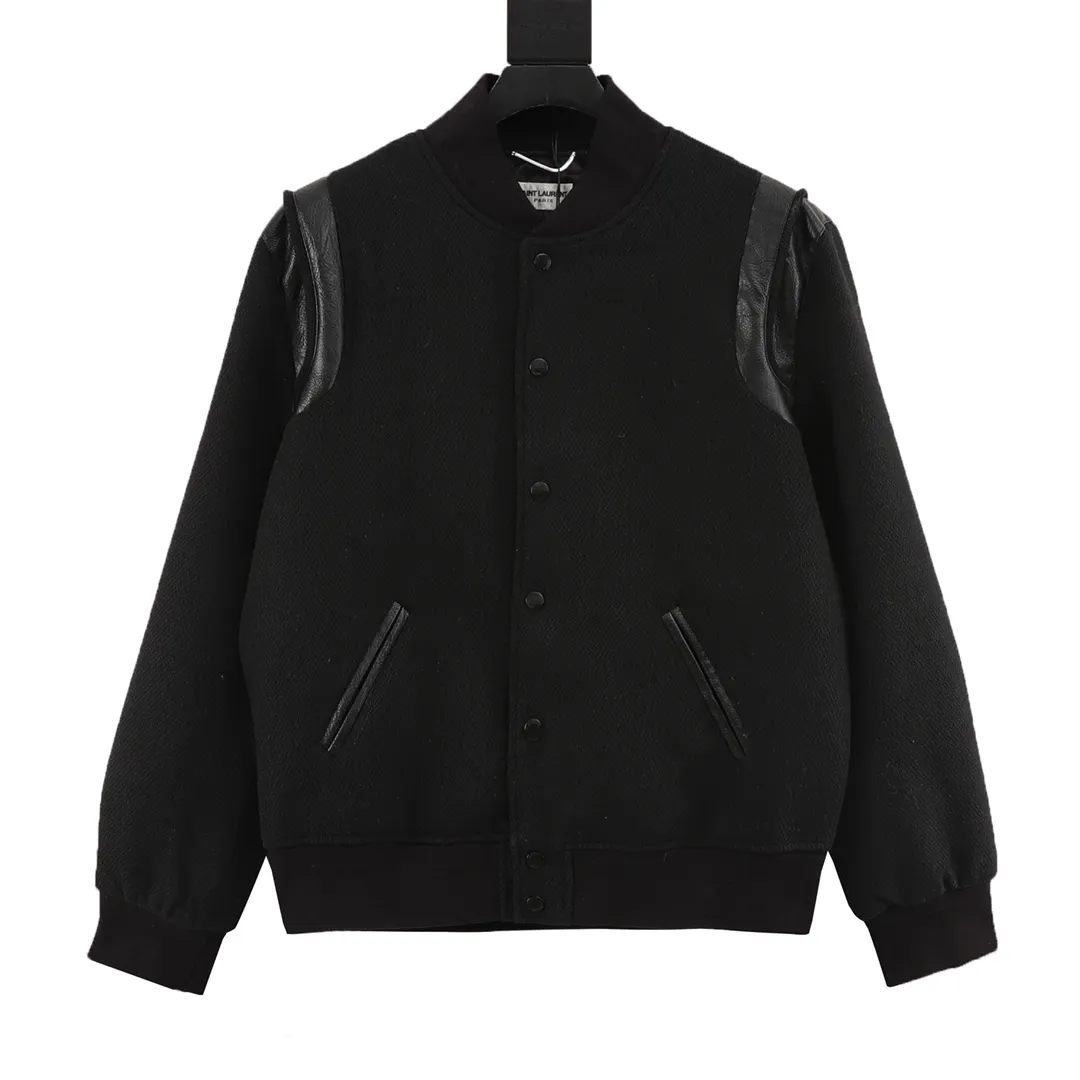 P 710 Saint Laurent Paris/Saint Laurent Classic patchwork leather baseball collar jacket SLP classic color matching patchwork baseball jacket baseball jacket, channel boutique. The most popular baseball jacket for trendy men and trendy women. There are versions at all levels of the market (you must compare the details). The most powerful quality control has been producing and researching baseball uniforms for 7 years. The details are exquisite. With it, you are the most beautiful boy in the world. The paint-coated full-face four-button buckle (button with LOGO), the average weight of the fabric is nearly 900 grams, and it is made of wool + eyeliner blended, custom-woven and dyed wool with high color fastness. The lining is made of silky and delicate cupro fiber material. The lining pocket only has buttons on the right side! Size：46-52